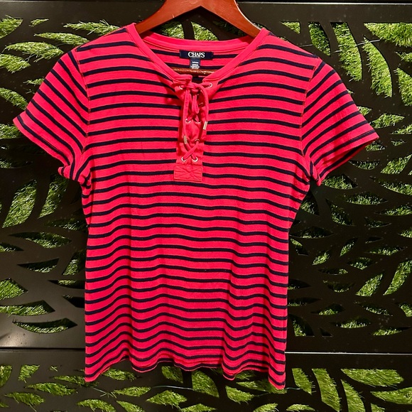 Chaps Women's Red Striped Tee, Size Small - Picture 1 of 10